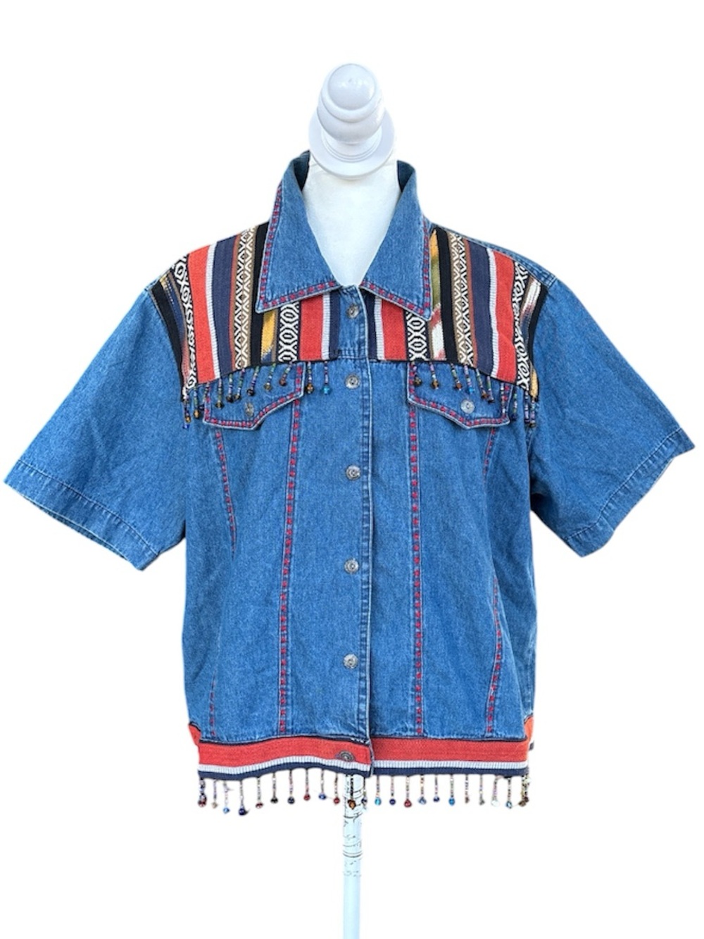Keren Hart Vintage Aztec Beaded Chambray Button Up Shirt Blue/Red L